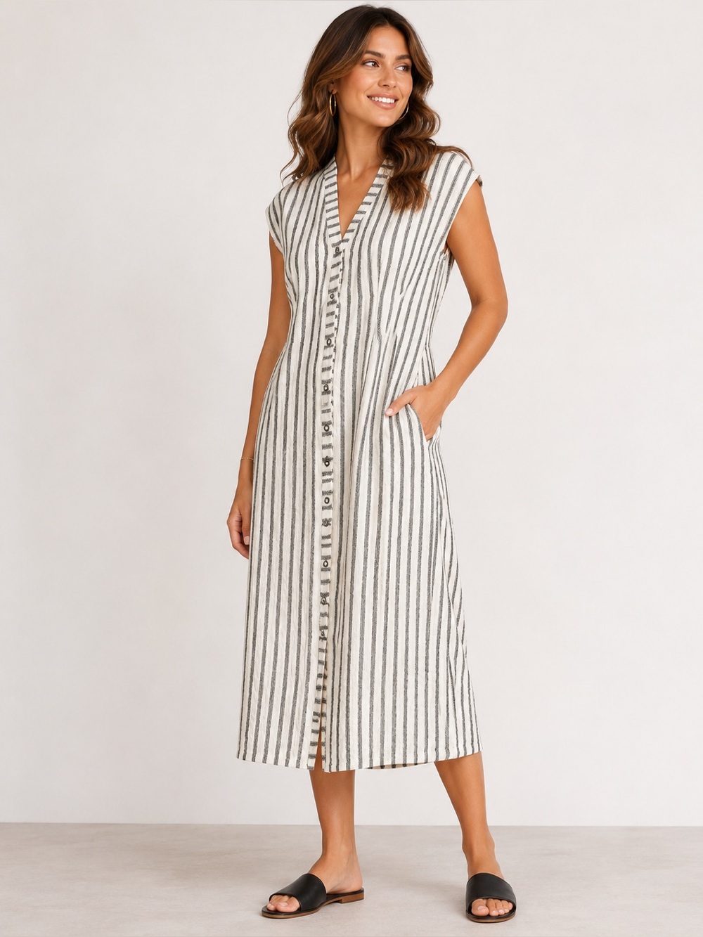 Anthropologie Self Contrast Striped Button-Front Midi Dress in Black and Cream M